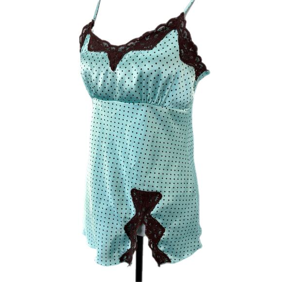 Y2K Satin Mint Green Brown Polka Dot Lace Trim Tank - Women's M - Picture 2 of 5